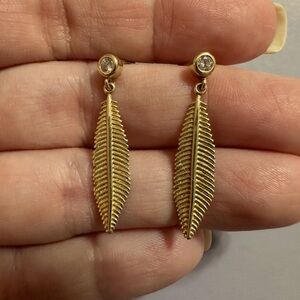 Gold Feather Drop Earrings with Crystal Stud